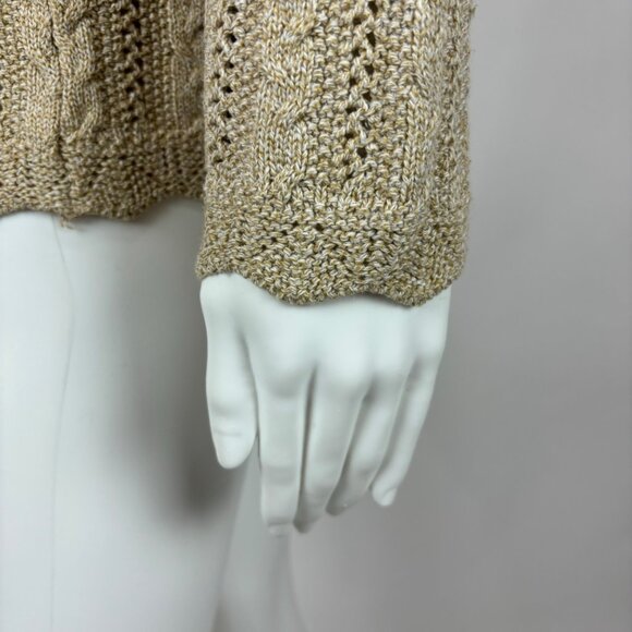 Vintage 80s Tan Cardigan Women's Medium Cable Knit Granny Sweater - Picture 8 of 10